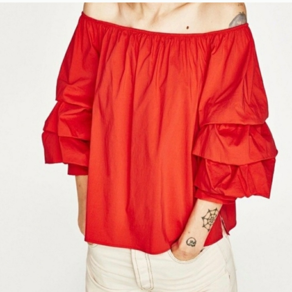 ZARA red off the shoulder ruffle sleeve
